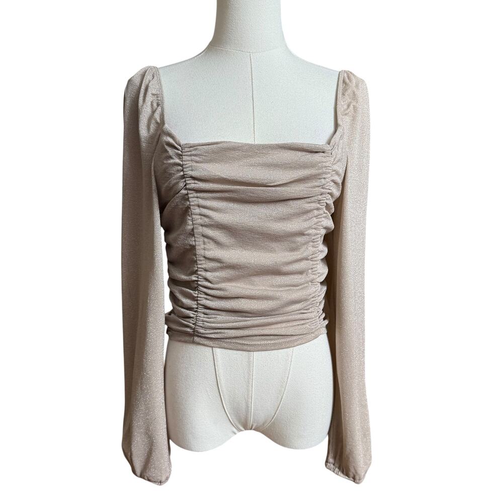 BCBGeneration NWT Champagne Metallic Ruched Square Neck Long Sleeve Crop Top M - Picture 6 of 14